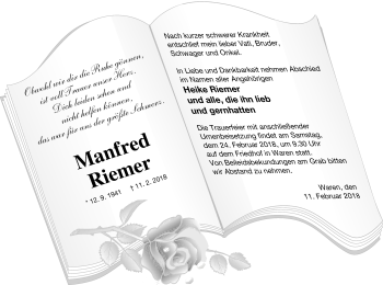 Traueranzeige von Manfred Riemer von Müritz-Zeitung