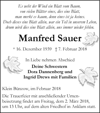 Traueranzeige von Manfred Sauer von Vorpommern Kurier