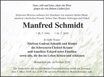 Traueranzeige von Manfred Schmidt von Haff-Zeitung