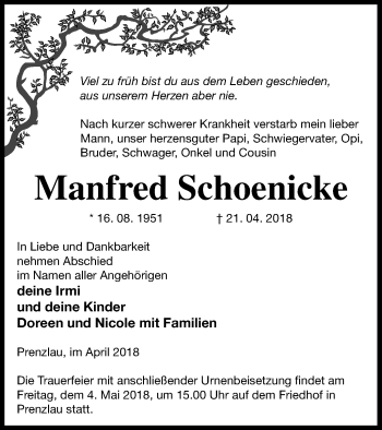 Traueranzeige von Manfred Schoenicke von Prenzlauer Zeitung