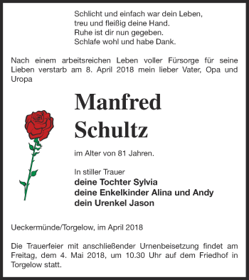 Traueranzeige von Manfred Schultz von Haff-Zeitung