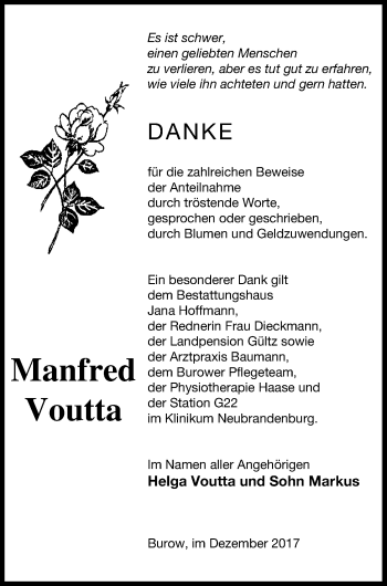 Traueranzeige von Manfred Voutta von Neubrandenburger Zeitung