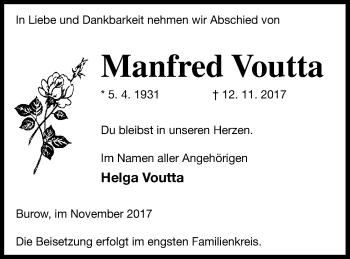 Traueranzeige von Manfred Voutta von Neubrandenburger Zeitung