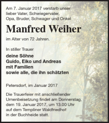 Traueranzeige von Manfred Weiher von Prenzlauer Zeitung