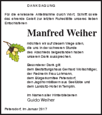 Traueranzeige von Manfred Weiher von Prenzlauer Zeitung