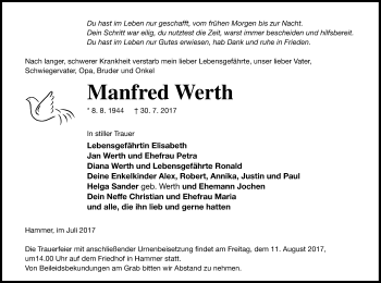 Traueranzeige von Manfred Werth von Haff-Zeitung