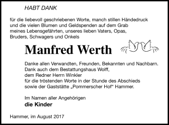 Traueranzeige von Manfred Werth von Haff-Zeitung