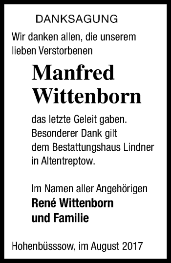 Traueranzeige von Manfred Wittenborn von Demminer Zeitung