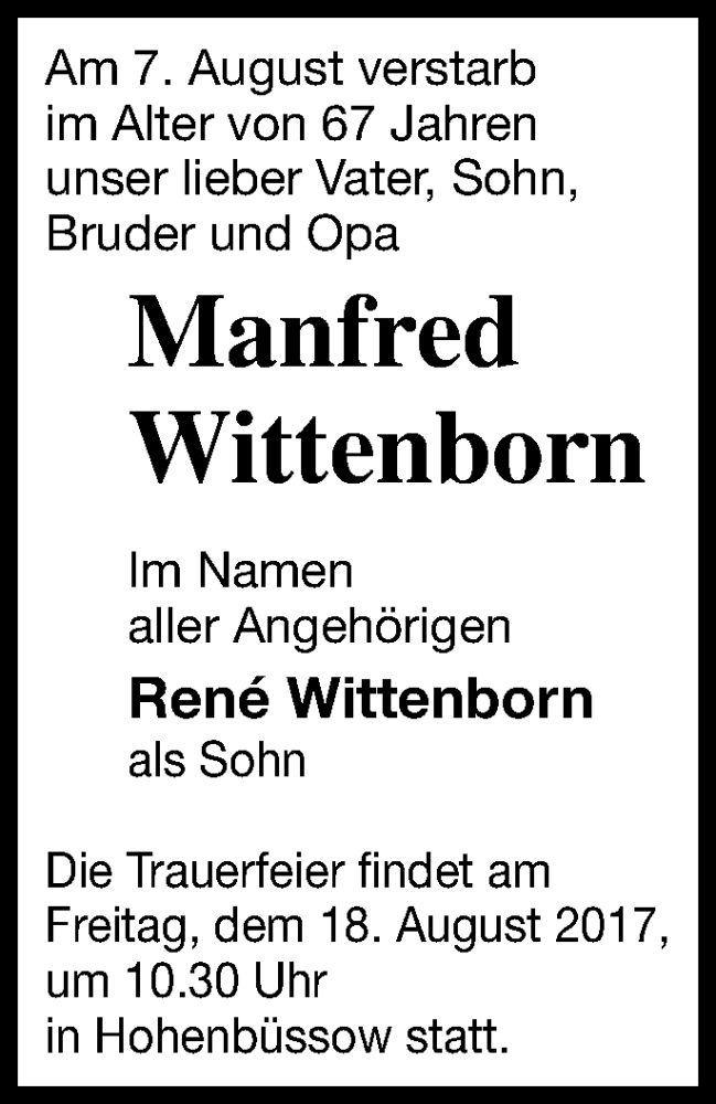  Traueranzeige für Manfred Wittenborn vom 14.08.2017 aus Demminer Zeitung