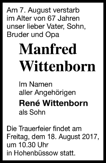 Traueranzeige von Manfred Wittenborn von Demminer Zeitung