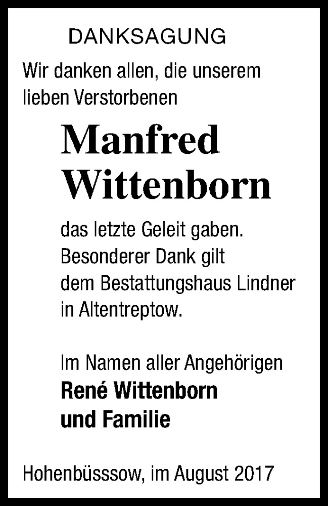  Traueranzeige für Manfred Wittenborn vom 01.09.2017 aus Demminer Zeitung