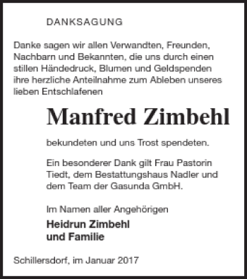 Traueranzeige von Manfred Zimbehl von Strelitzer Zeitung