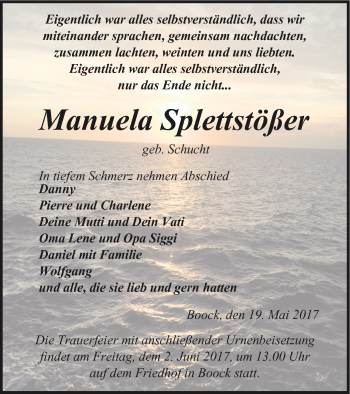 Traueranzeige von Manuela Splettstößer von Pasewalker Zeitung