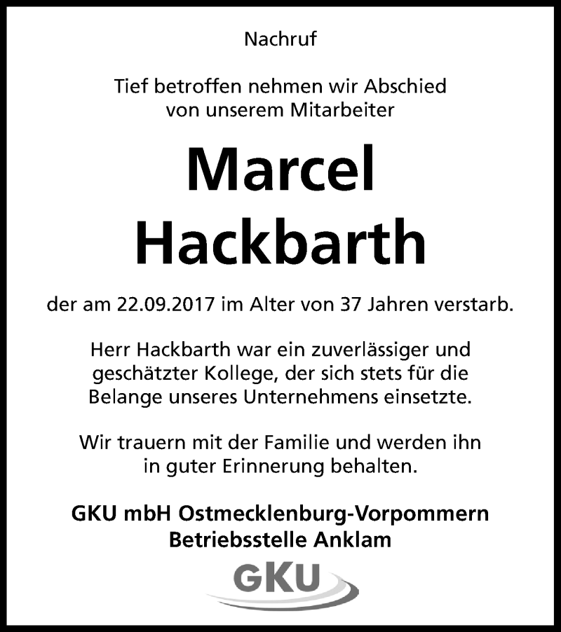  Traueranzeige für Marcel Hackbarth vom 07.10.2017 aus Vorpommern Kurier