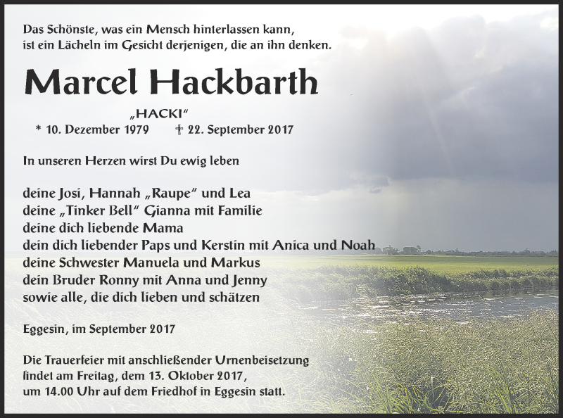  Traueranzeige für Marcel Hackbarth vom 28.09.2017 aus Haff-Zeitung