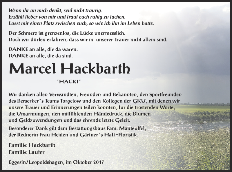  Traueranzeige für Marcel Hackbarth vom 27.10.2017 aus Haff-Zeitung