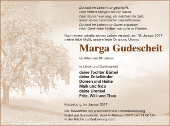 Traueranzeige von Marga Gudescheit von Strelitzer Zeitung