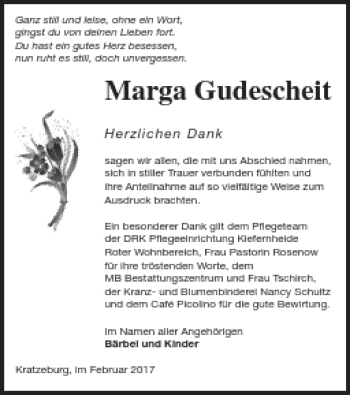 Traueranzeige von Marga Gudescheit von Strelitzer Zeitung