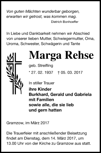 Traueranzeige von Marga Rehse von Prenzlauer Zeitung