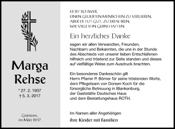 Traueranzeige von Marga Rehse von Prenzlauer Zeitung