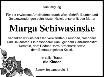 Traueranzeige von Marga Schiwasinske von Demminer Zeitung