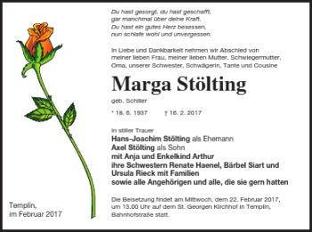 Traueranzeige von Marga Stölting von Templiner Zeitung