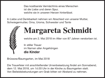 Traueranzeige von Margareta Schmidt von Prenzlauer Zeitung