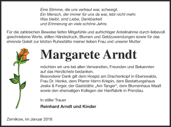 Traueranzeige von Margarete Arndt von Prenzlauer Zeitung