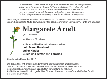 Traueranzeige von Margarete Arndt von Prenzlauer Zeitung