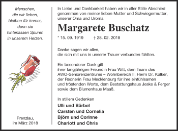 Traueranzeige von Margarete Buschatz von Prenzlauer Zeitung