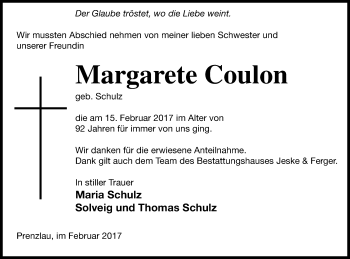Traueranzeige von Margarete Coulon von Prenzlauer Zeitung