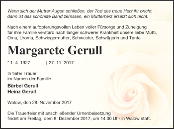 Traueranzeige von Margarete Gerull von Müritz-Zeitung