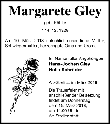 Traueranzeige von Margarete Gley von Strelitzer Zeitung