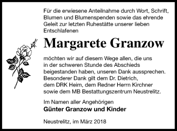 Traueranzeige von Margarete Granzow von Strelitzer Zeitung