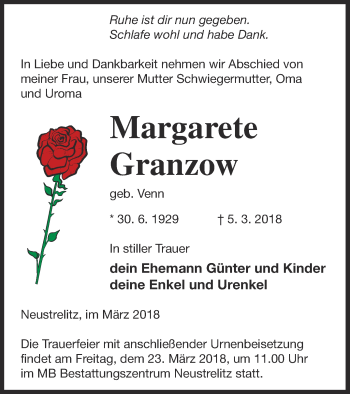 Traueranzeige von Margarete Granzow von Strelitzer Zeitung