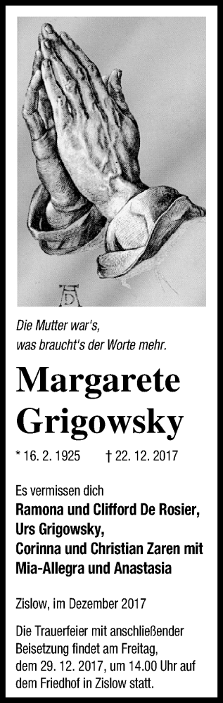 Traueranzeige von Margarete Grigowsky von Müritz-Zeitung