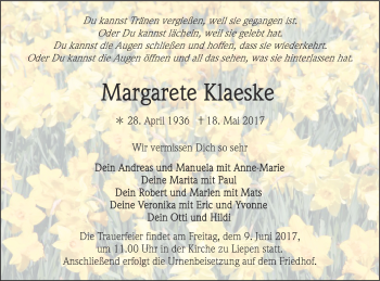 Traueranzeige von Margarete Klaeske von Vorpommern Kurier