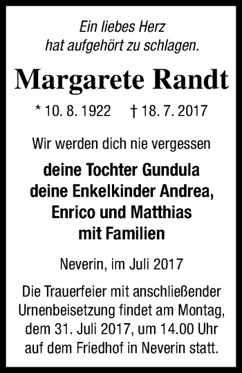 Traueranzeige von Margarete Randt von Neubrandenburger Zeitung