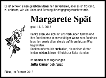 Traueranzeige von Margarete Spät von Müritz-Zeitung