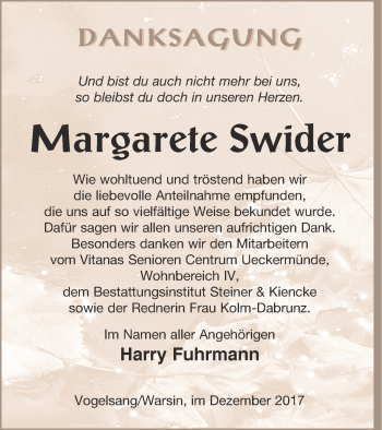 Traueranzeige von Margarete Swider von Haff-Zeitung