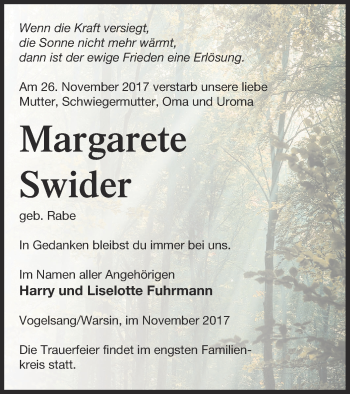 Traueranzeige von Margarete Swider von Haff-Zeitung