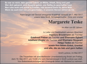 Traueranzeige von Margarete Teske von Pasewalker Zeitung