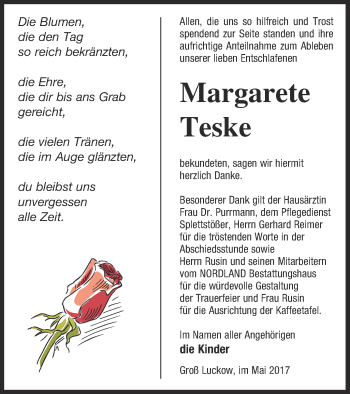 Traueranzeige von Margarete Teske von Pasewalker Zeitung