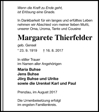 Traueranzeige von Margarete Thierfelder von Prenzlauer Zeitung