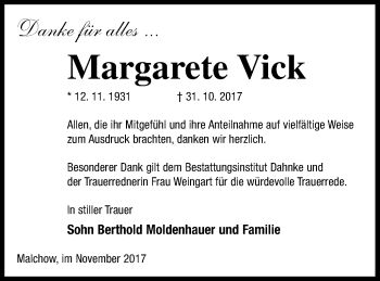 Traueranzeige von Margarete Vick von Müritz-Zeitung