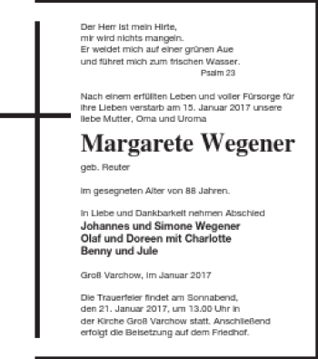 Traueranzeige von Margarete Wegener von Demminer Zeitung