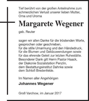 Traueranzeige von Margarete Wegener von Müritz-Zeitung