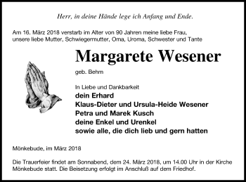 Traueranzeige von Margarete Wesener von Haff-Zeitung