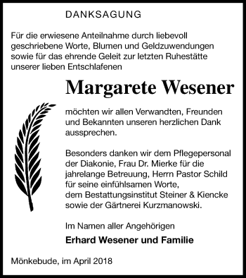 Traueranzeige von Margarete Wesener von Haff-Zeitung