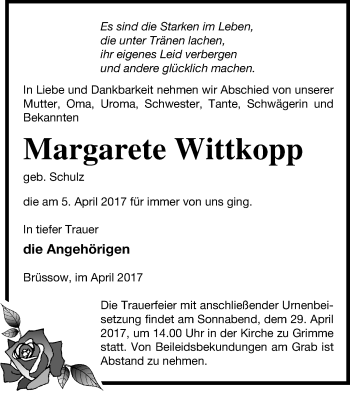 Traueranzeige von Margarete Wittkopp von Pasewalker Zeitung